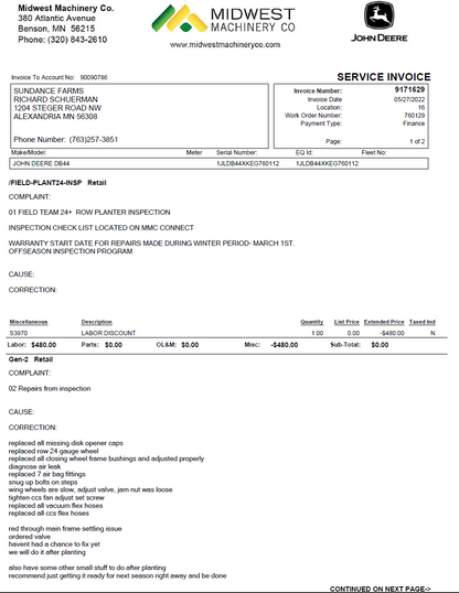 2015 John Deere DB44 ME5 CCS 24R22 Planter