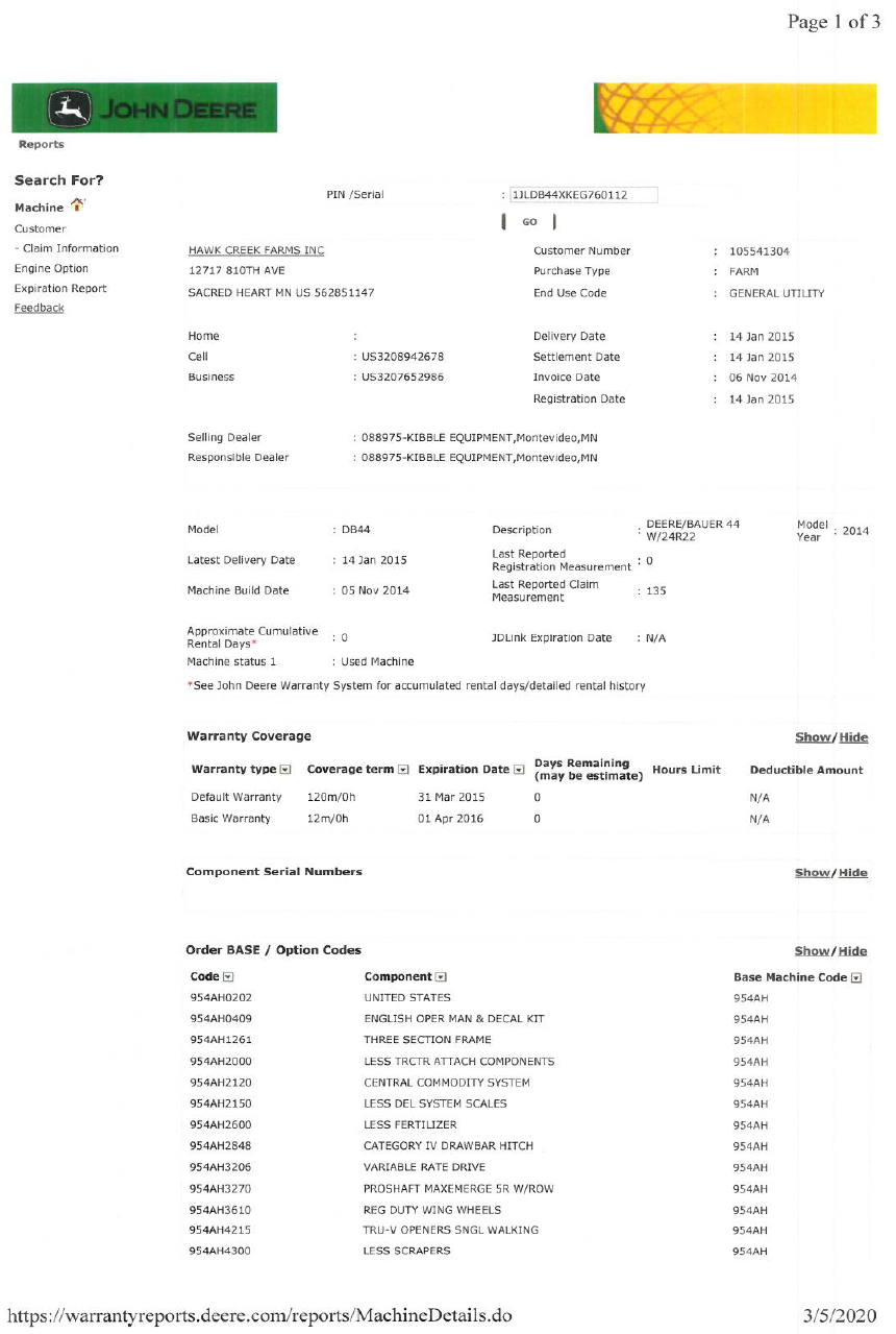 2015 John Deere DB44 ME5 CCS 24R22 Planter